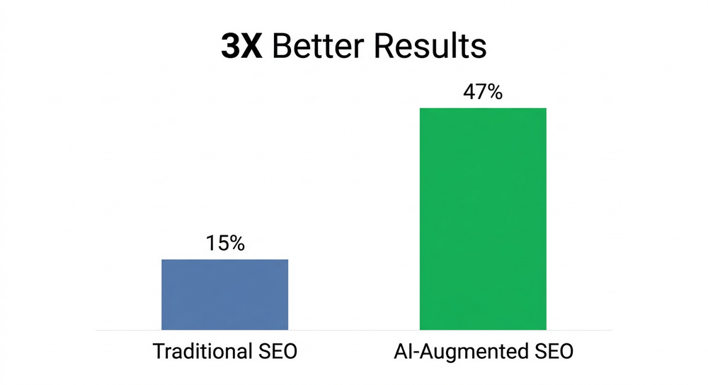 Bar chart comparing traditional SEO ranking improvements at fifteen percent to AI augmented SEO at forty-seven percent