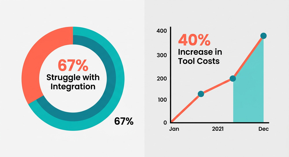Split infographic showing a sixty-seven percent donut chart for integration struggles and an upward graph showing forty percent tool cost increases