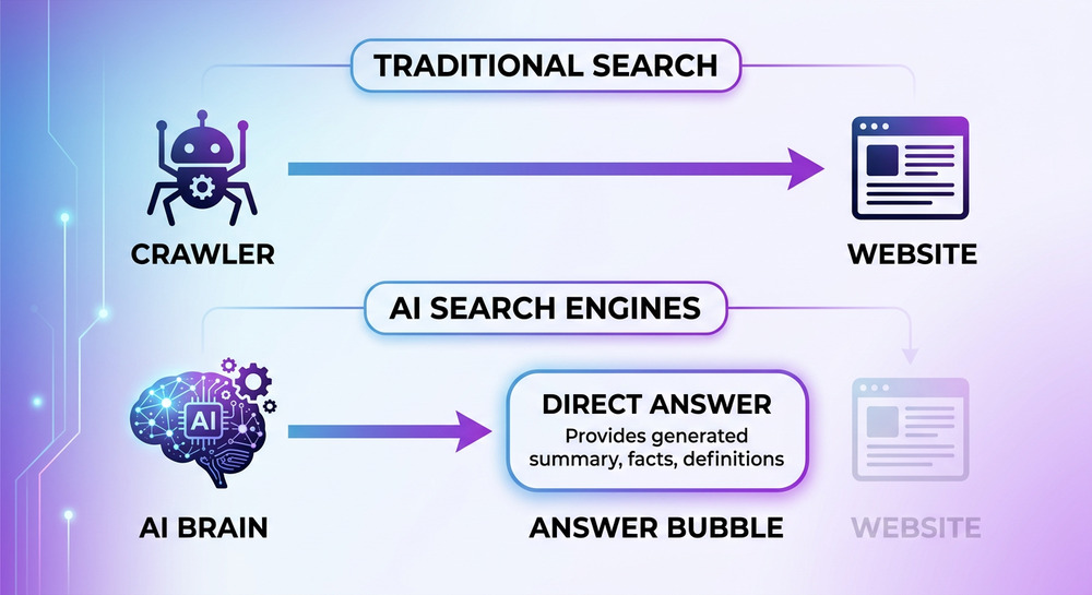 Flowchart comparing traditional search engine crawling to AI search engines directly generating answers